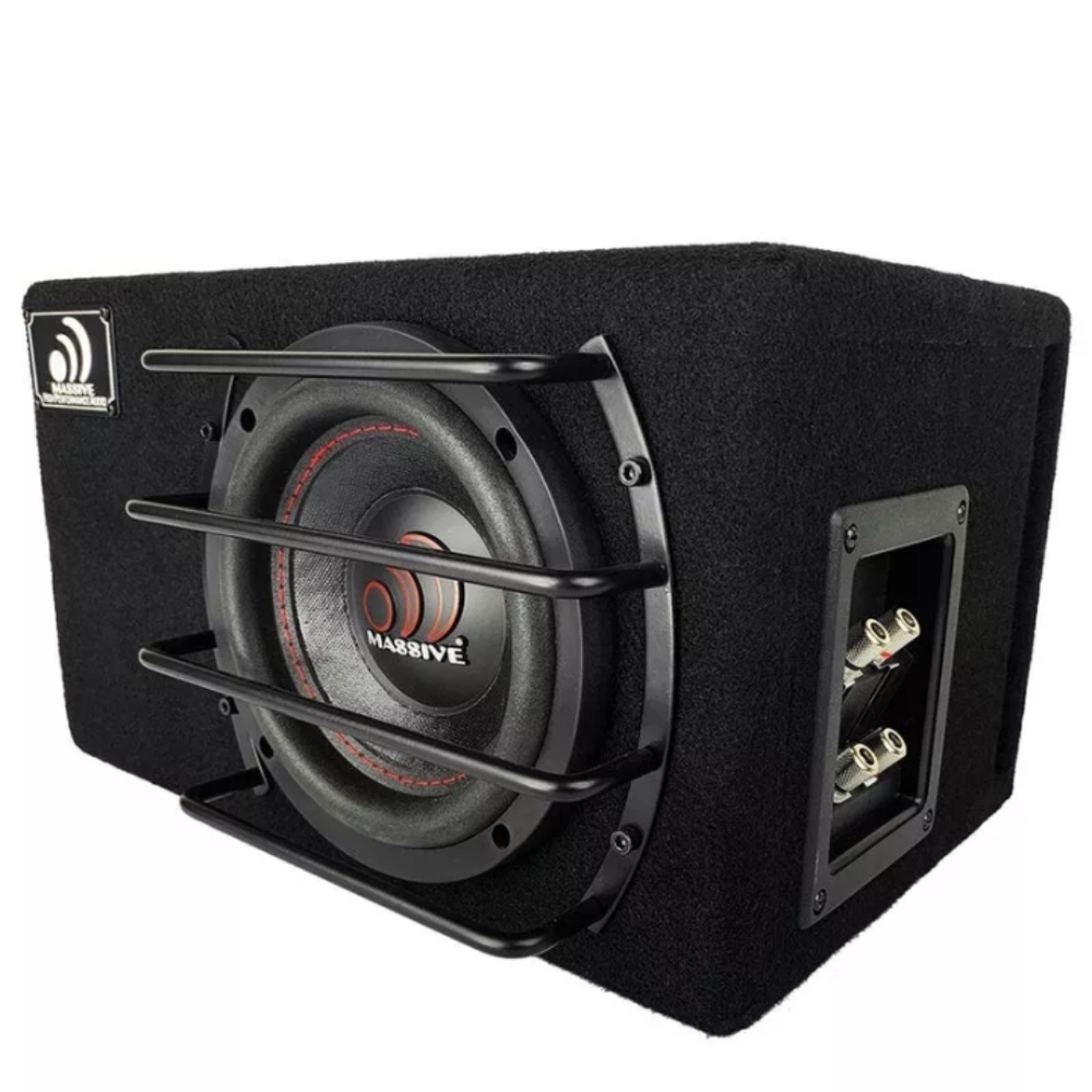 Black subwoofer with Geometric Grille and Bass Reflex Ports